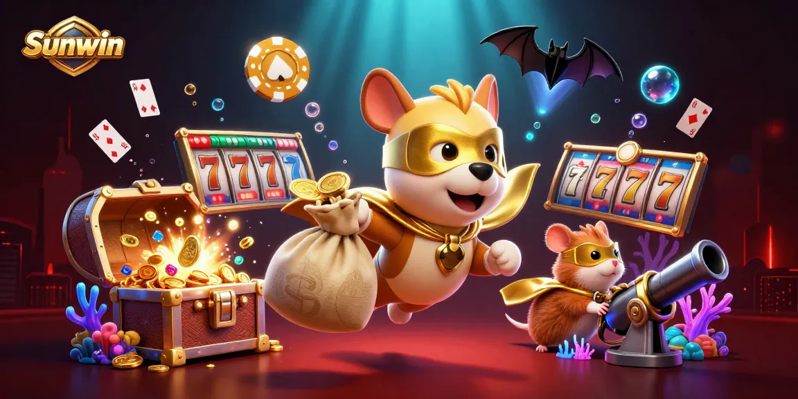 Sunwin slots and jackpot adventure featuring a superhero dog and hamster in a dynamic gambling scene.