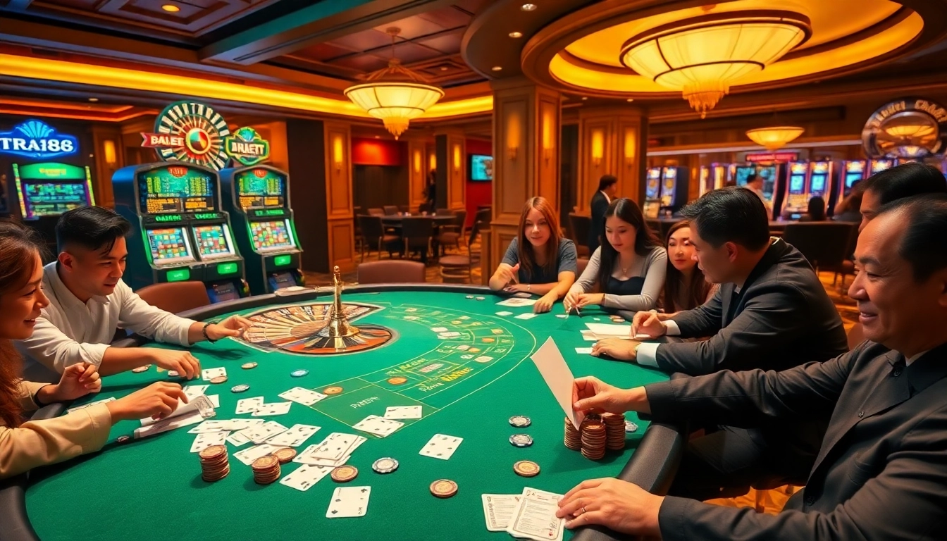 Players enjoying various casino games at TR88, with vibrant tables and roulette wheels featured.