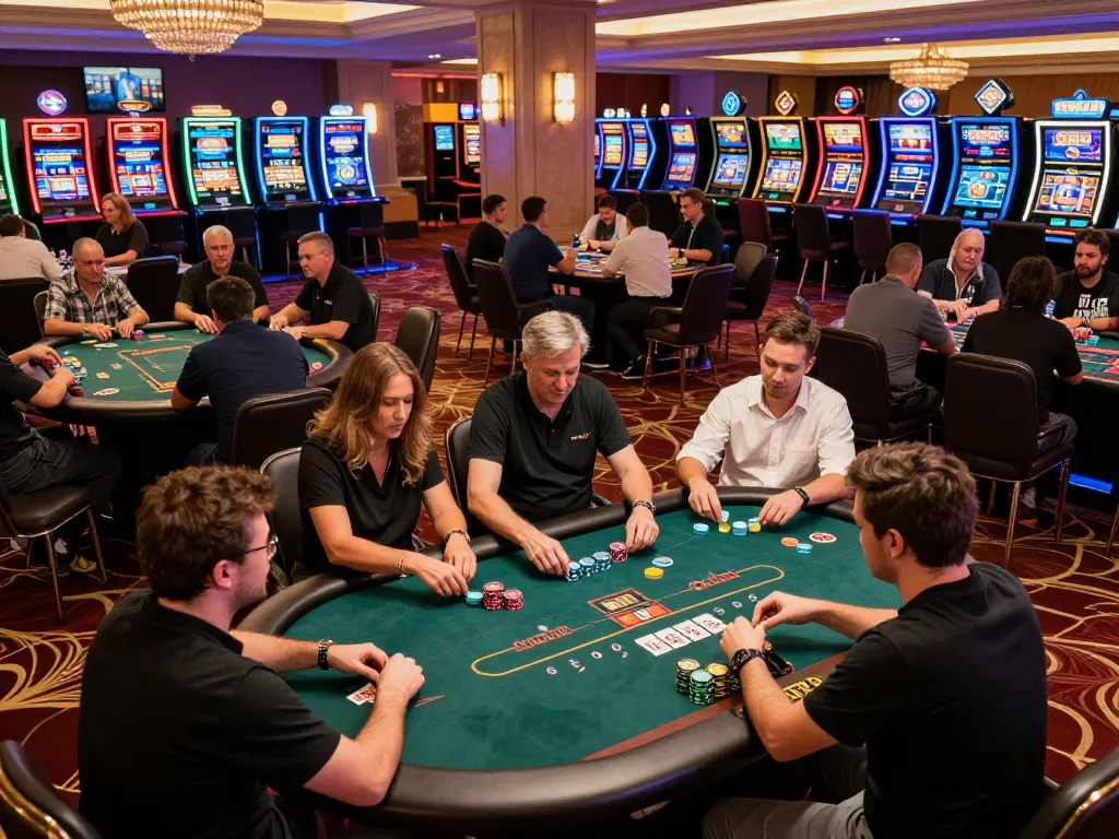 Players engaged at the 33win poker tables, showcasing a vibrant casino atmosphere.