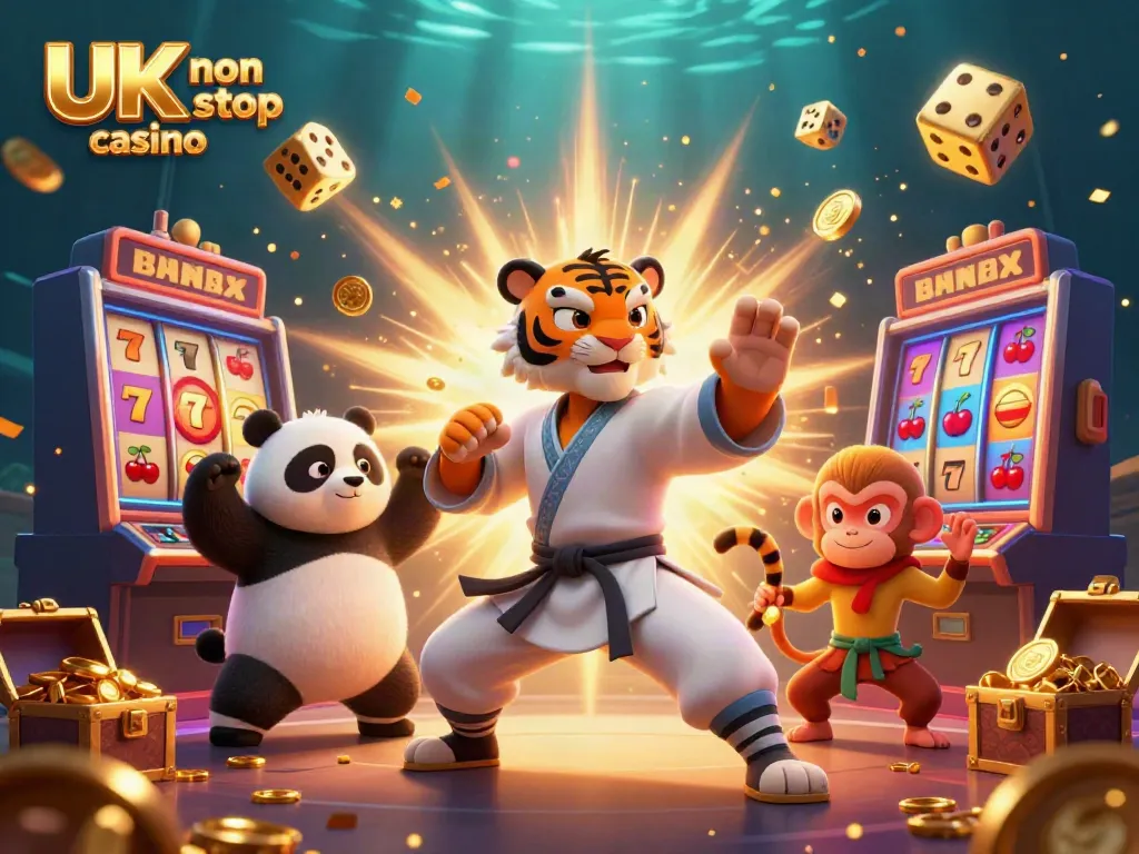 Experience thrills with a vibrant depiction of a UK non gamstop casino, showcasing playful characters and dynamic gaming elements.