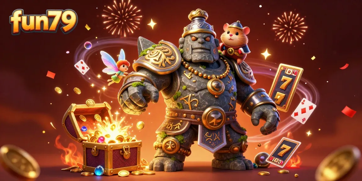 Experience thrilling gameplay at fun79 with vibrant casino elements, including slot symbols and magical characters.