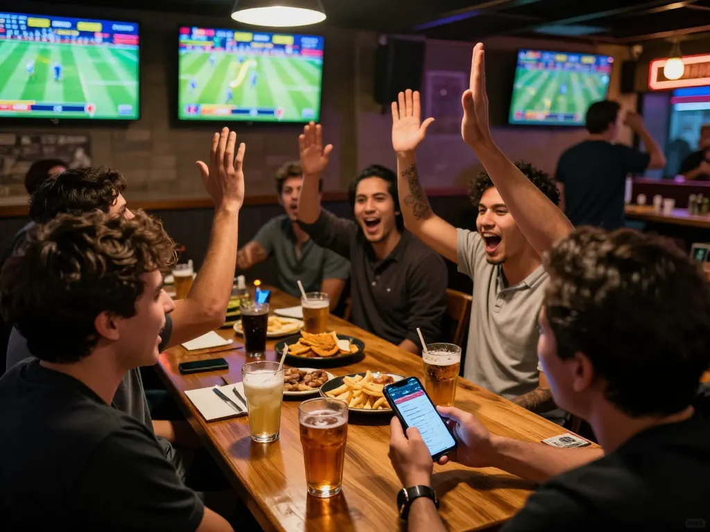 Engaged friends celebrating while using a smartphone app for kèo nhà cái during live sports betting.