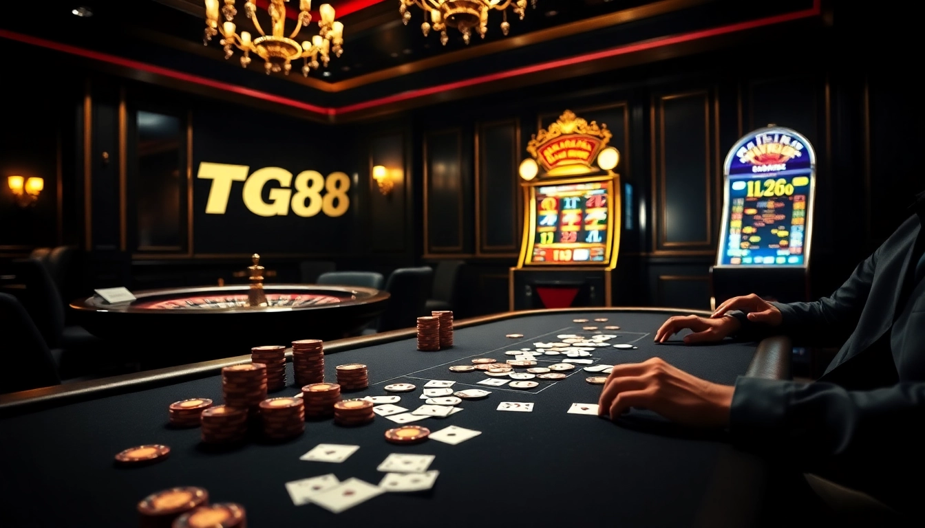 Engaged players at a luxurious TG 88 casino table, showcasing excitement and gambling thrill.