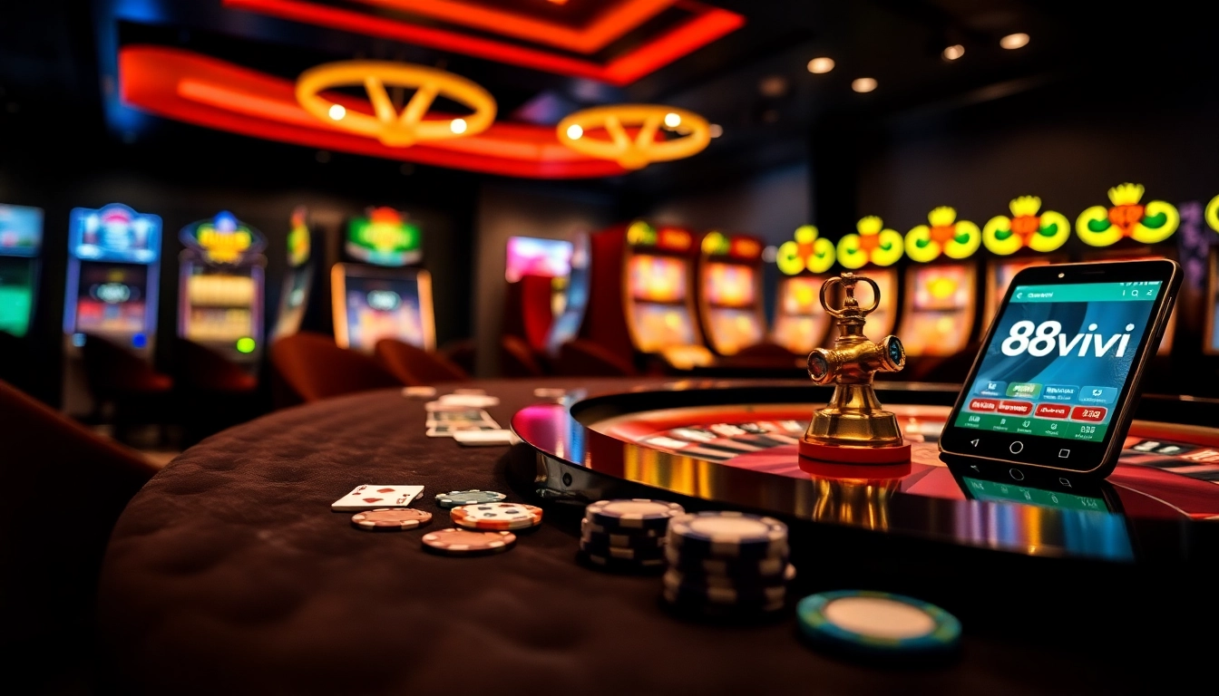 Experience winning at 888vi with casino tables, poker chips, and vibrant slot machines.