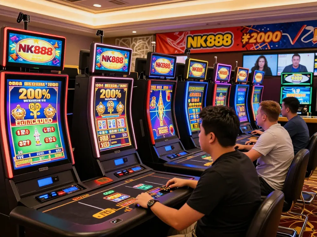 Online gambling scene featuring NK888 logo, players engaged in games, and promotions creating an exciting atmosphere.