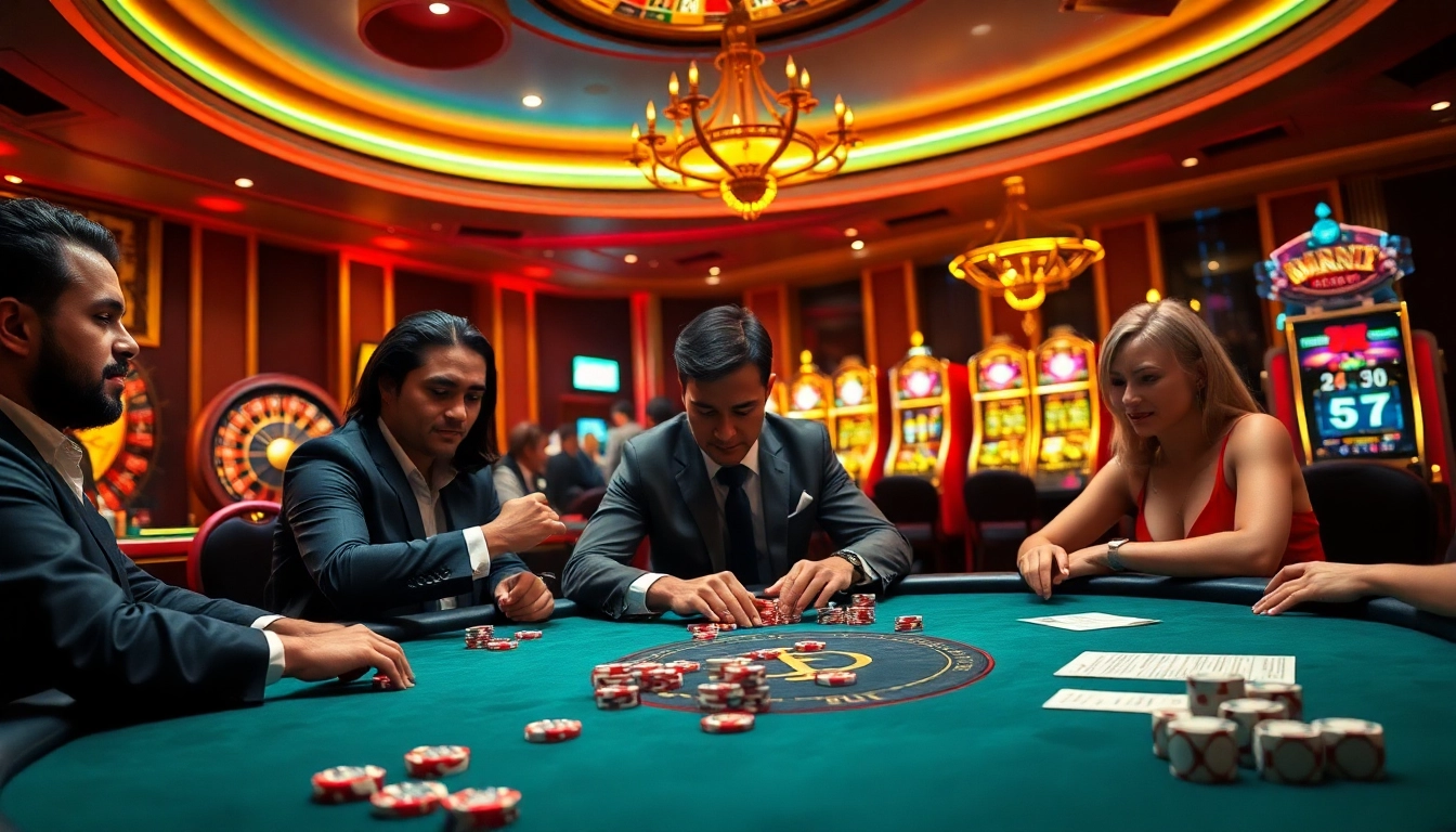 Experience the thrill of cm88 at a vibrant casino, featuring poker tables, chips, and roulette wheels.