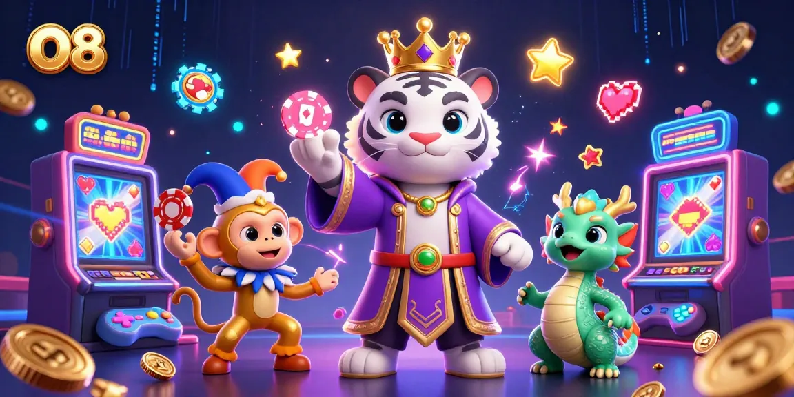 Experience O8 with a captivating illustration of a tiger, monkey, and dragon amidst vibrant casino elements.