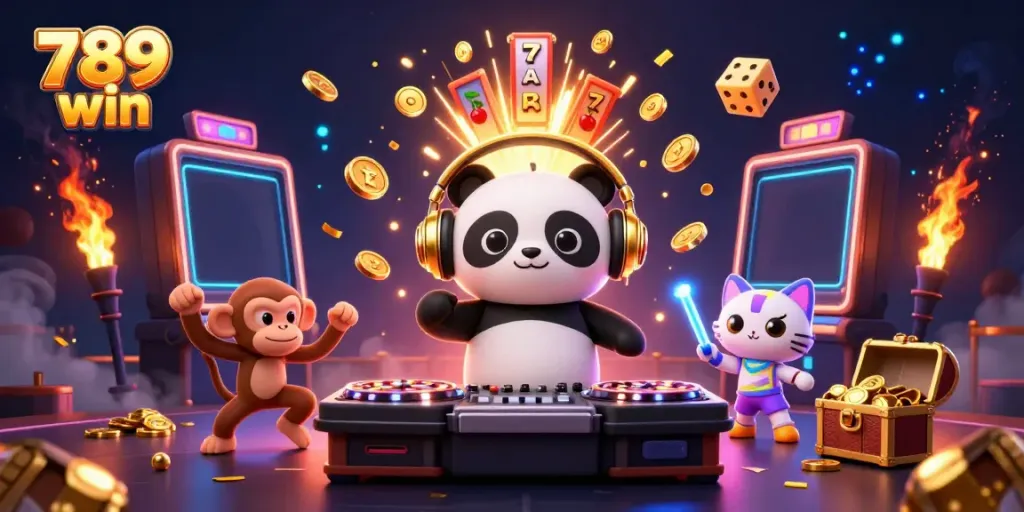 Experience the thrilling world of 789 win with vibrant casino characters immersed in a jackpot explosion!