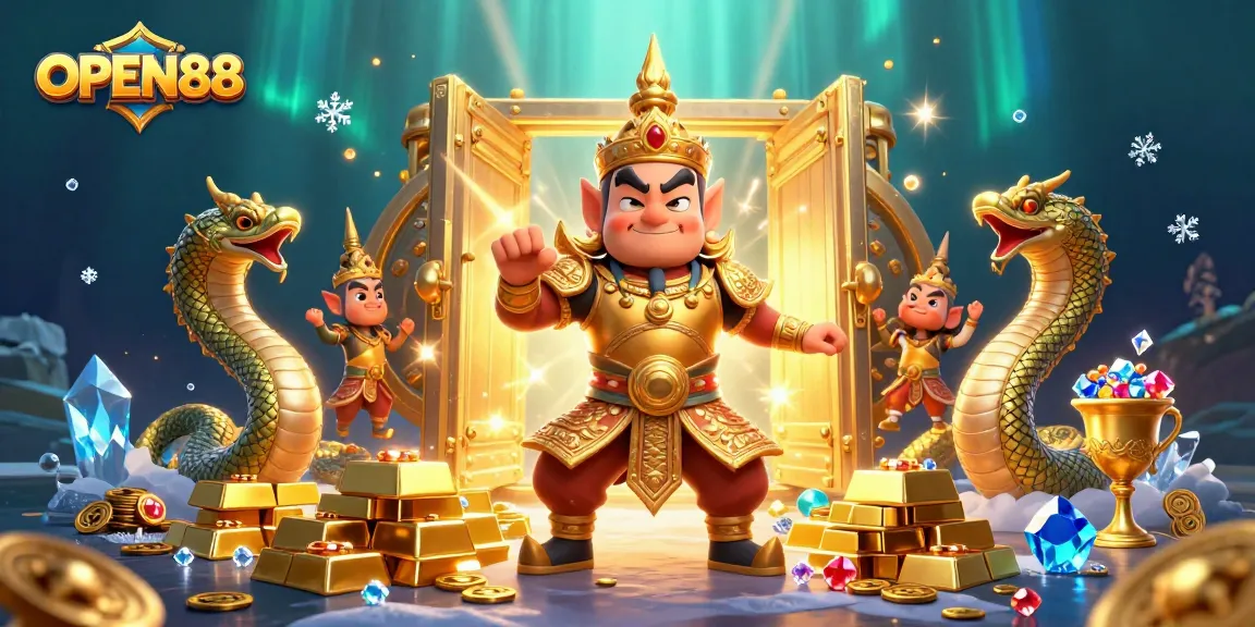 Experience the excitement of OPEN88 as golden treasures and characters come alive in this vibrant casino scene.