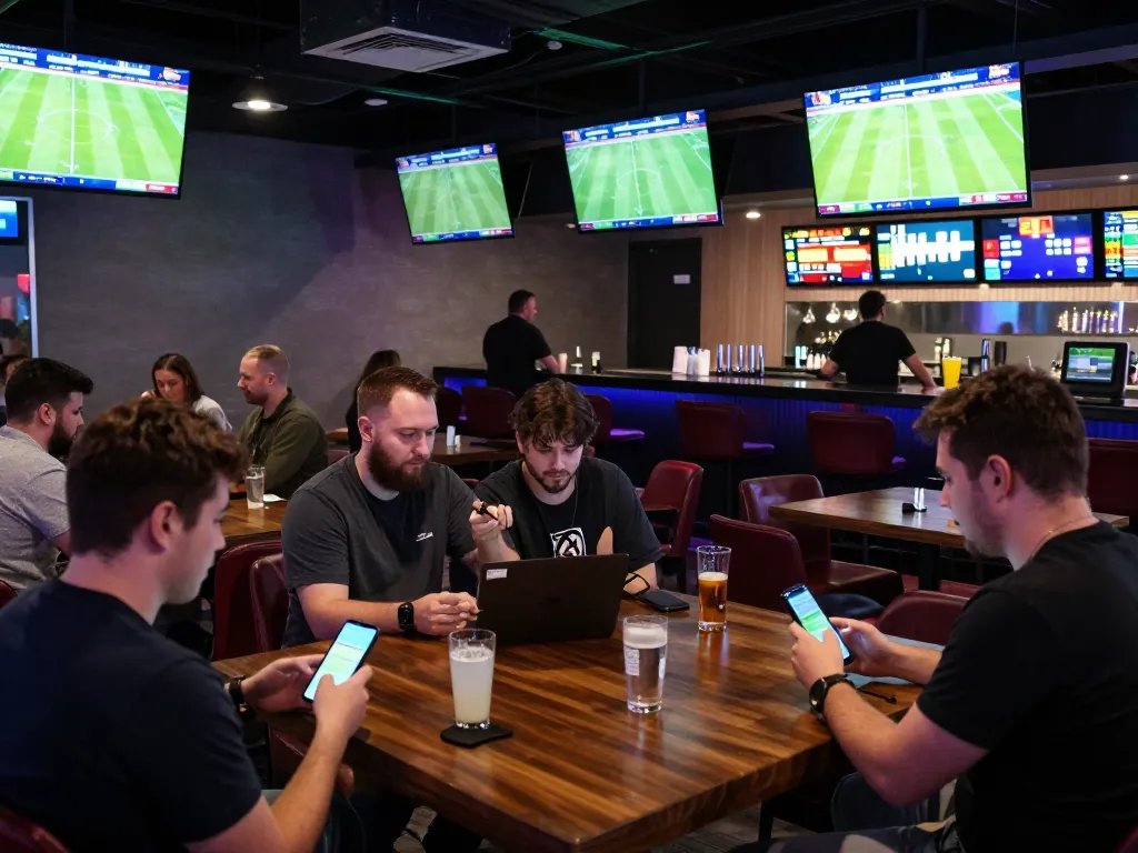 Engaged bettors analyzing odds on their phones at keonhacaii88's live sports betting lounge.