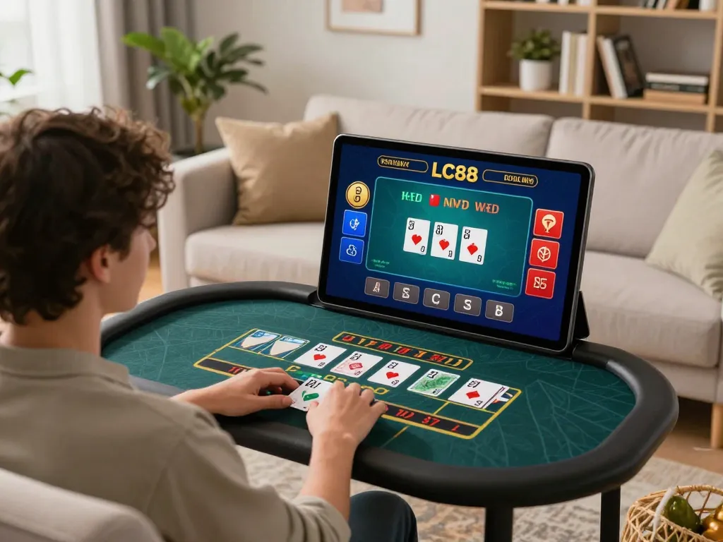 Engaged user playing on the LC88 casino app at home, showcasing a modern gambling setup.