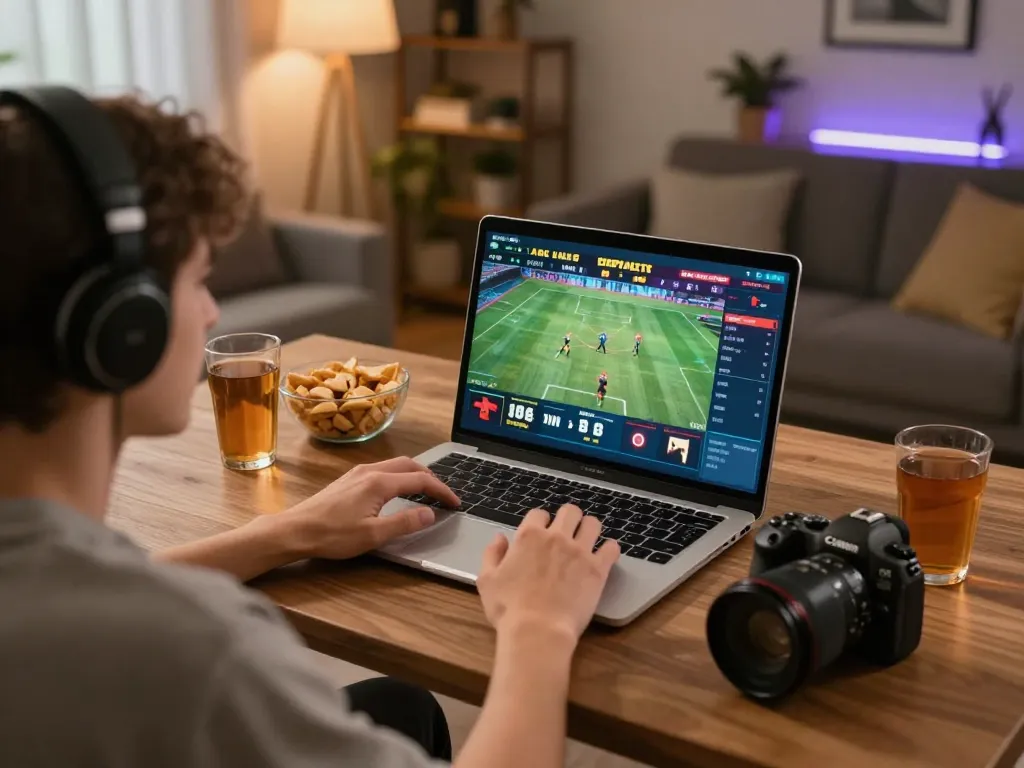 58win sports betting with live streaming on a laptop in a cozy home setting.