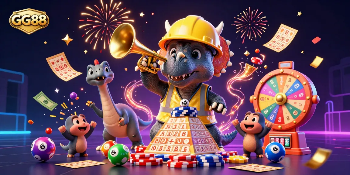 Experience thrilling gaming at GG88 with cartoon dinosaurs building poker chip pyramids and colorful casino elements.