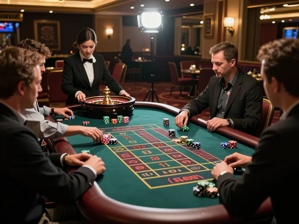 Xoso66 players placing bets at an exciting roulette table in a vibrant casino.