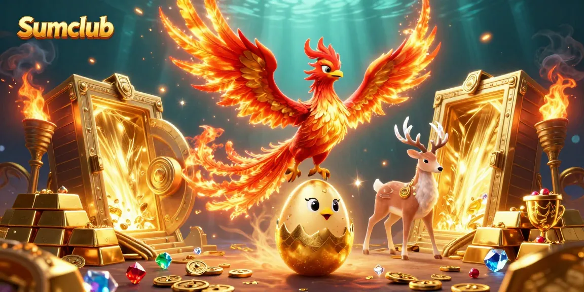 Summing up excitement at Sumclub, a phoenix and stag celebrate huge wins in a vibrant casino.