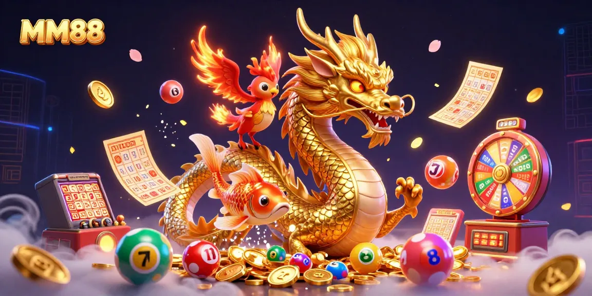 Engage with MM88's dynamic online casino scene featuring a majestic dragon, phoenix, and koi fish.