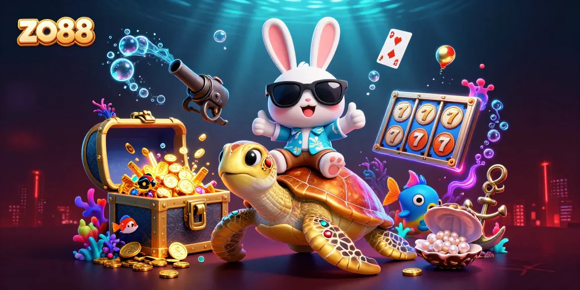 Experience thrilling winnings at zo88 with the lucky rabbit riding a turtle, amidst underwater treasure