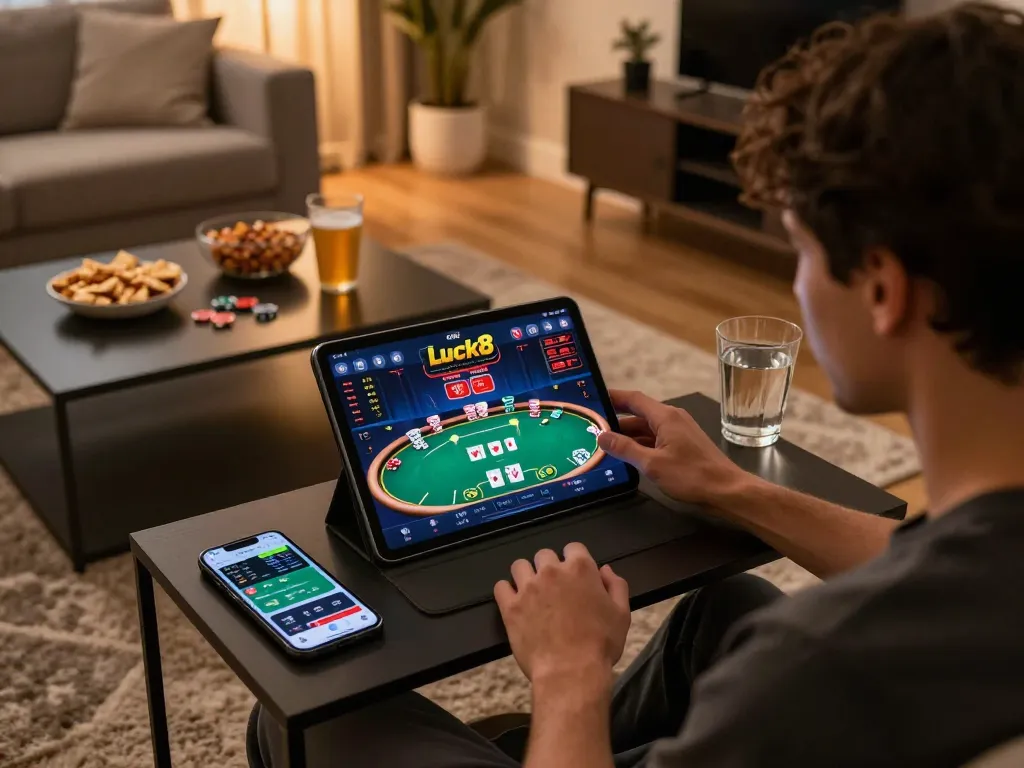 Player engaging with the Luck8 online casino interface on a tablet, surrounded by snacks and drinks in a cozy home setting.