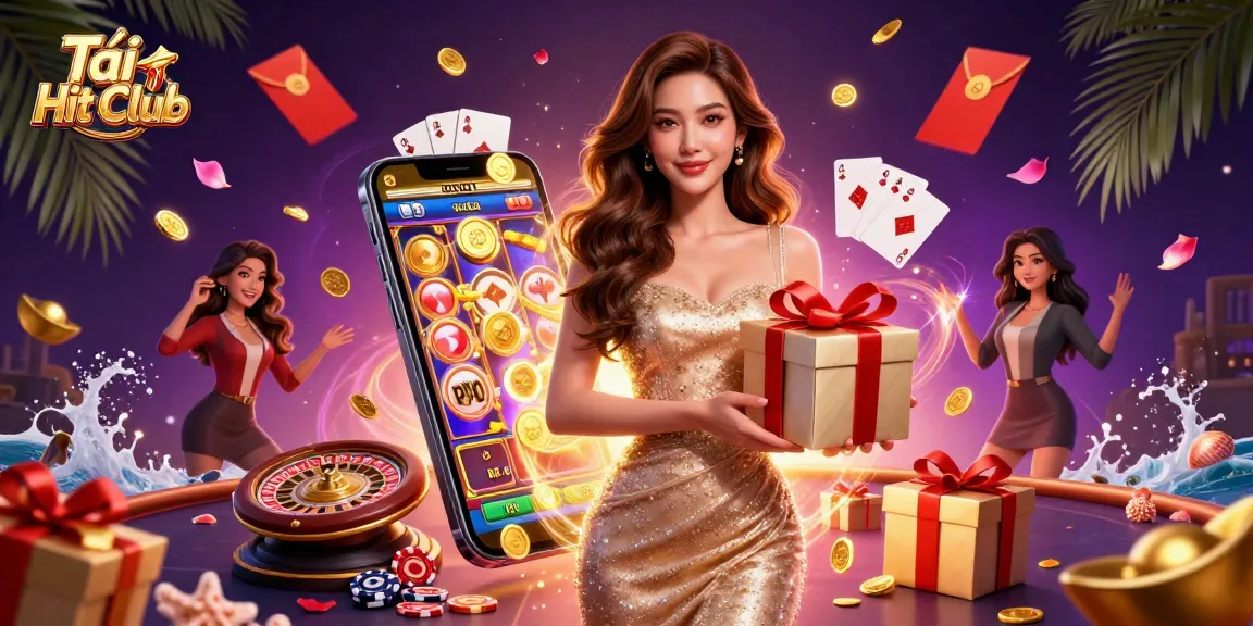 Tải Hit Club to enjoy vibrant casino experiences with golden coins and festive elements.