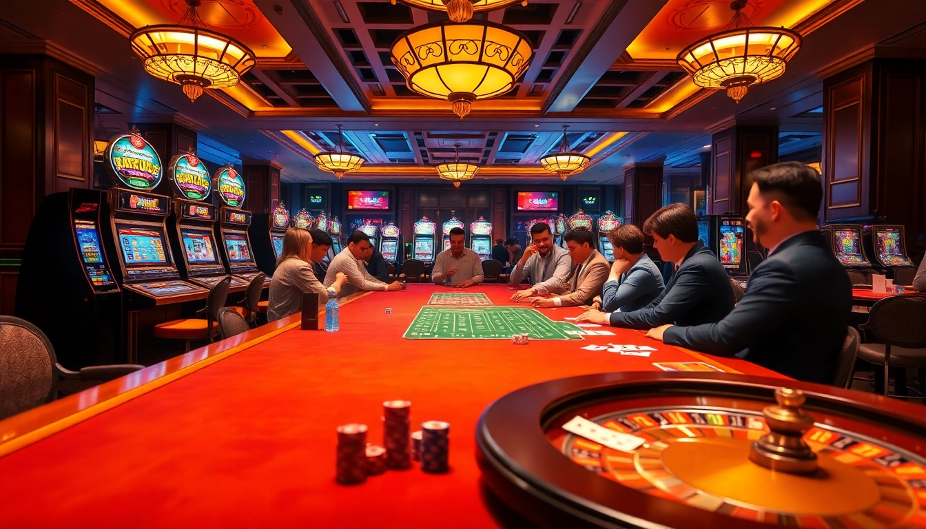 Players enjoying a thrilling poker game at Lucky88 casino, showcasing vibrant tables and excitement.