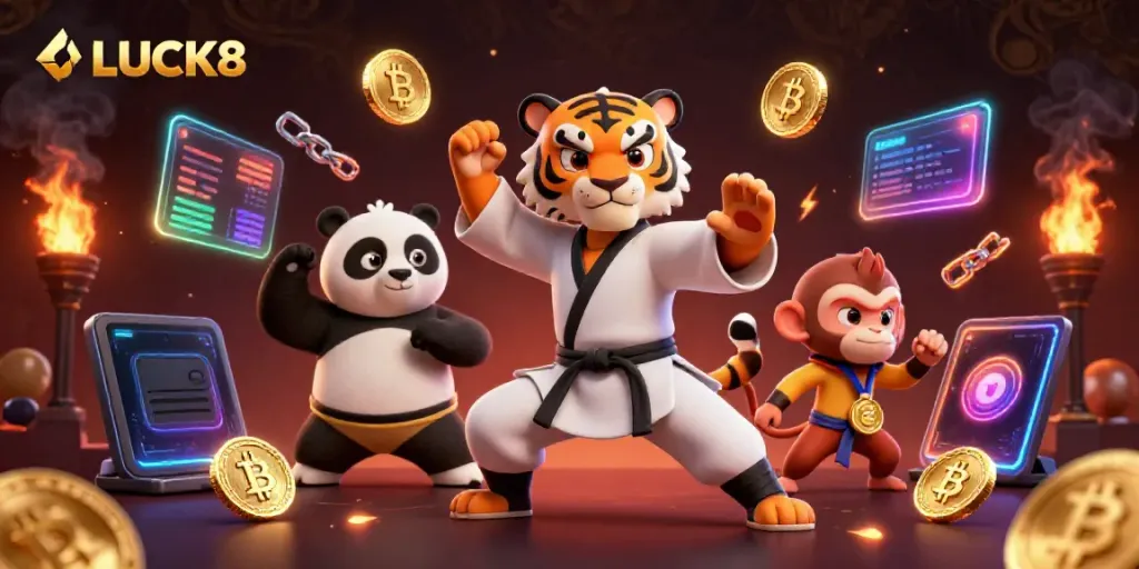 Experience the excitement of LUCK8 with a dynamic scene featuring martial arts characters and crypto elements.
