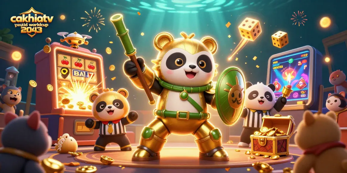 CakhiaTV trực tiếp worldcup 2043 showcases lively sports betting with 3D panda in a vibrant casino scene.