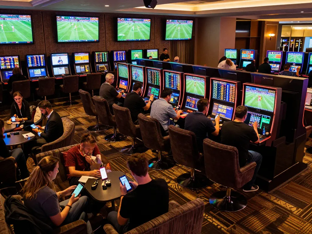 Fans engage in sports betting at a stylish lounge, highlighting trangcacuocbongda's excitement.