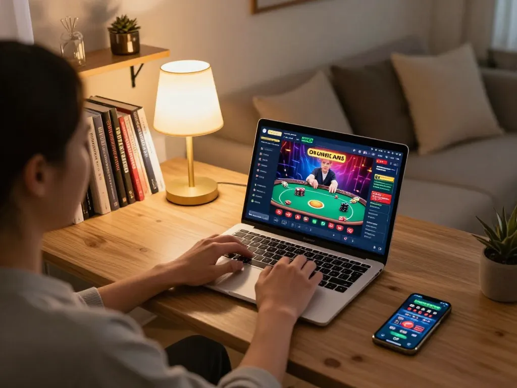 Player using vipwin2 for online poker gaming on a laptop in a cozy home setting