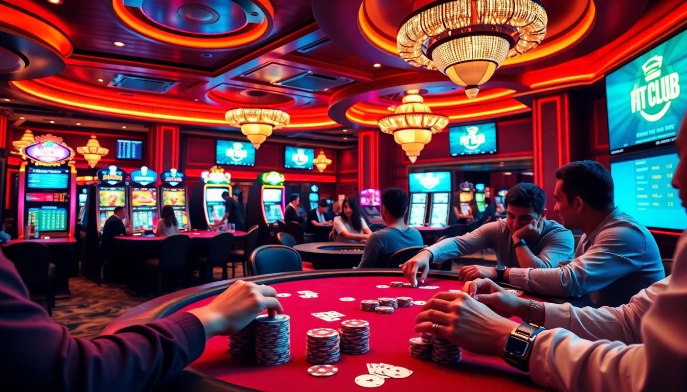 Hit Club players enjoying a vibrant atmosphere at a poker table in a luxurious casino.
