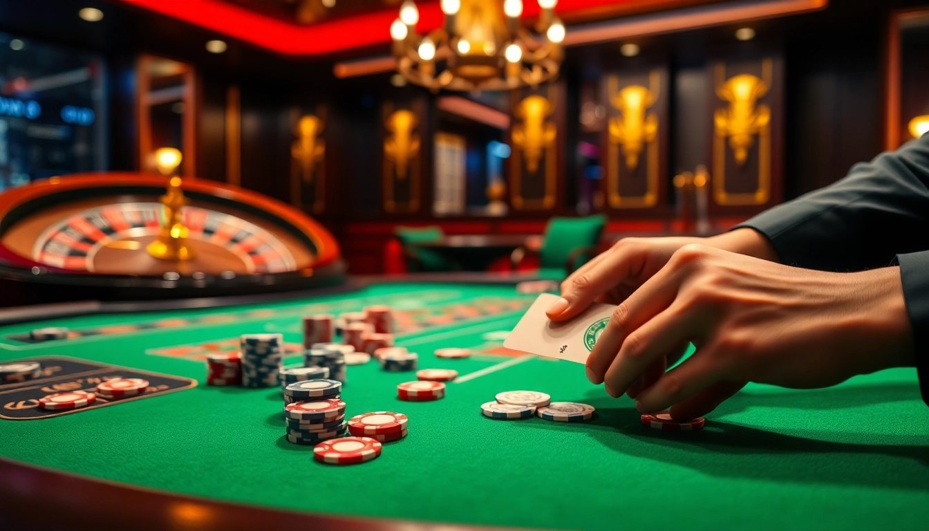 Exciting poker gaming table showcasing action at https://kjcgaming.com/ with colorful chips and roulette wheel.