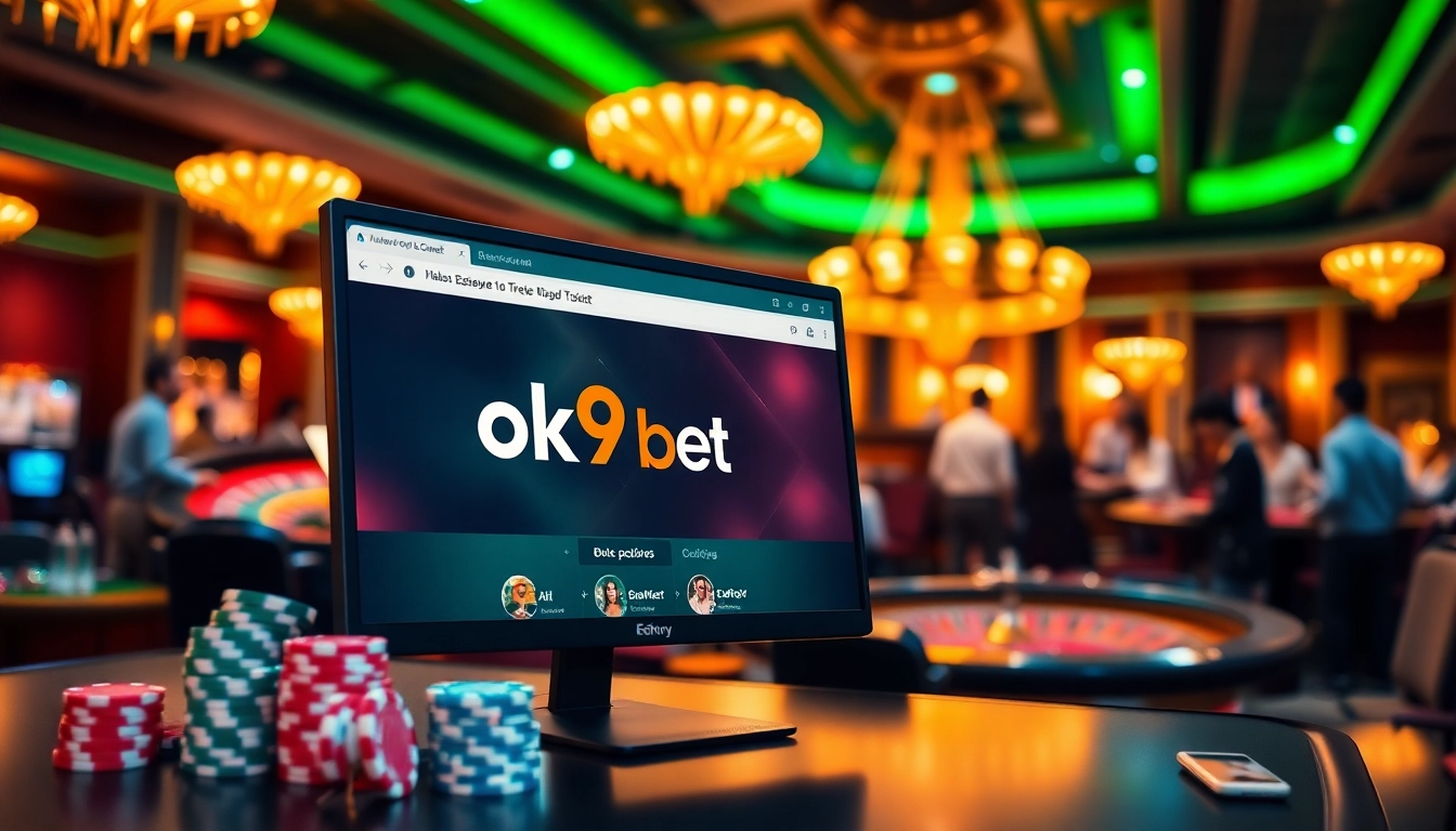 Engaging online casino scene at ok9 gb net with poker chips, cards, and roulette wheel.