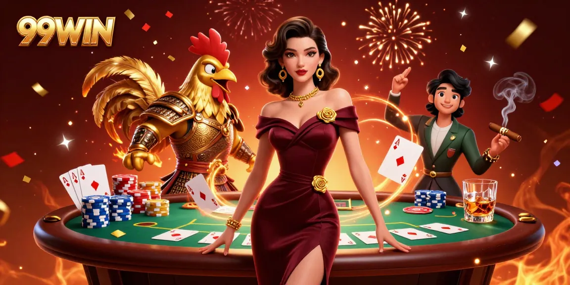 Experience the excitement of 99WIN with a glamorous gambling scene featuring poker chips and celebratory elements.