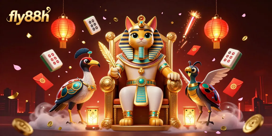 Fly88h gaming scene featuring a pharaoh cat, colorful elements, and vibrant decorations.