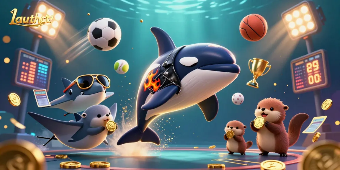 Experience thrilling sports betting with lauthaitv's dynamic illustration of an orca whale and friends amid golden coins and action-packed elements.
