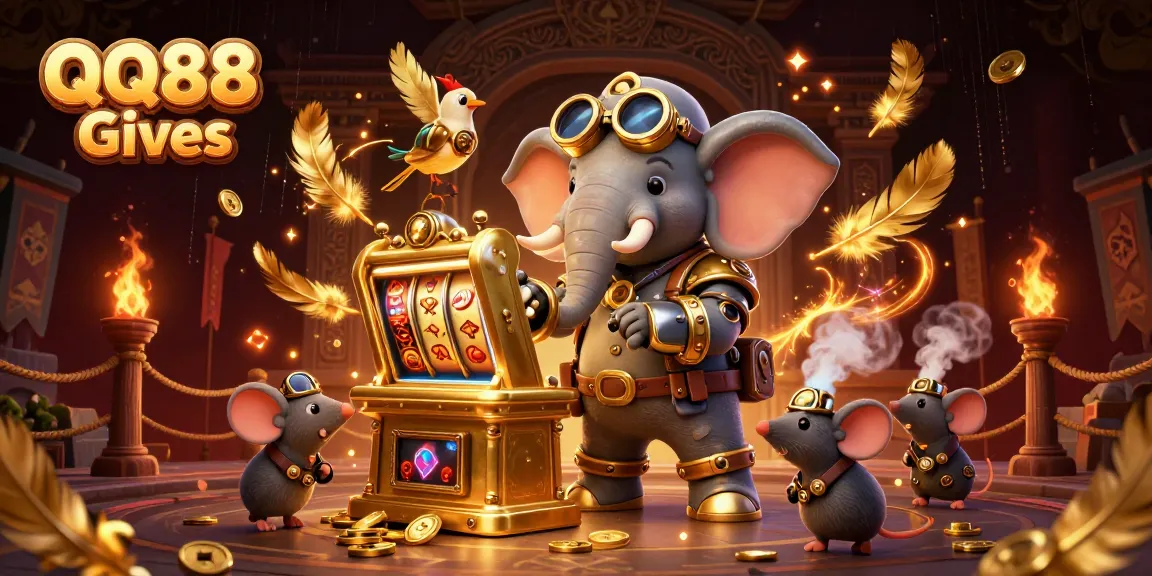 Engage with QQ88 Gives while spinning a golden slot machine amidst vibrant steampunk elements.