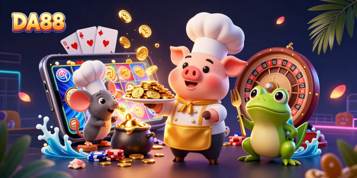 Join the DA88 chef pig and friends serving up gold coins and gaming excitement in vibrant 3D!