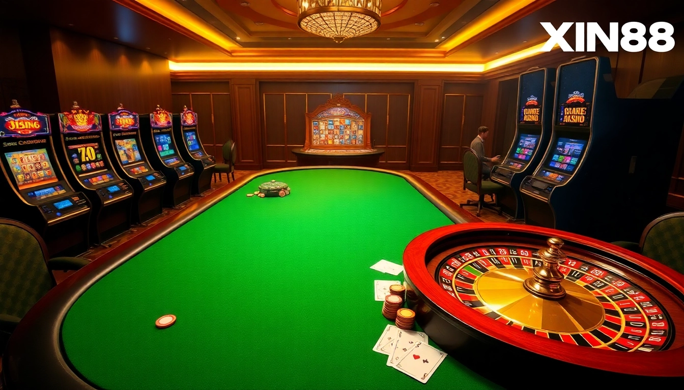 Experience the thrill of gaming at Nhà Cái XIN88 with vibrant casino visuals and professional settings.
