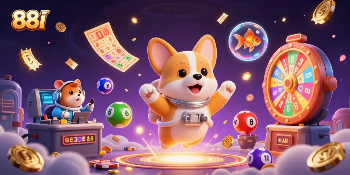 Experience the excitement of 88I in a vibrant casino scene with floating characters and dynamic games.