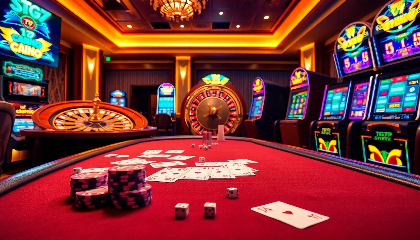 Players enjoying a vibrant game at TG777 Casino with poker chips and roulette.