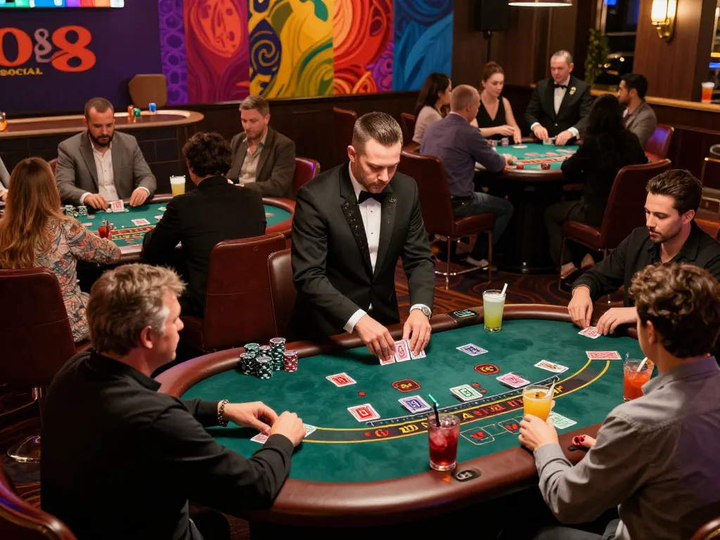 Players enjoying blackjack at O8 SOCIAL's vibrant casino with professional dealers