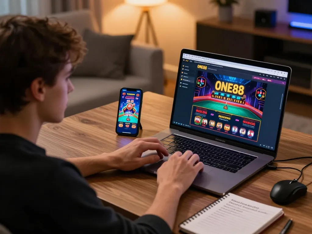 Engaged player using ONE88 casino platform on laptop for online gaming strategy and gameplay.