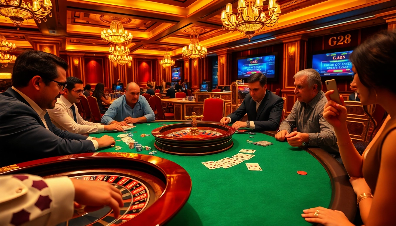 High-stakes poker game in a luxurious casino environment at https://g28.wtf/, showcasing vibrant gaming action.