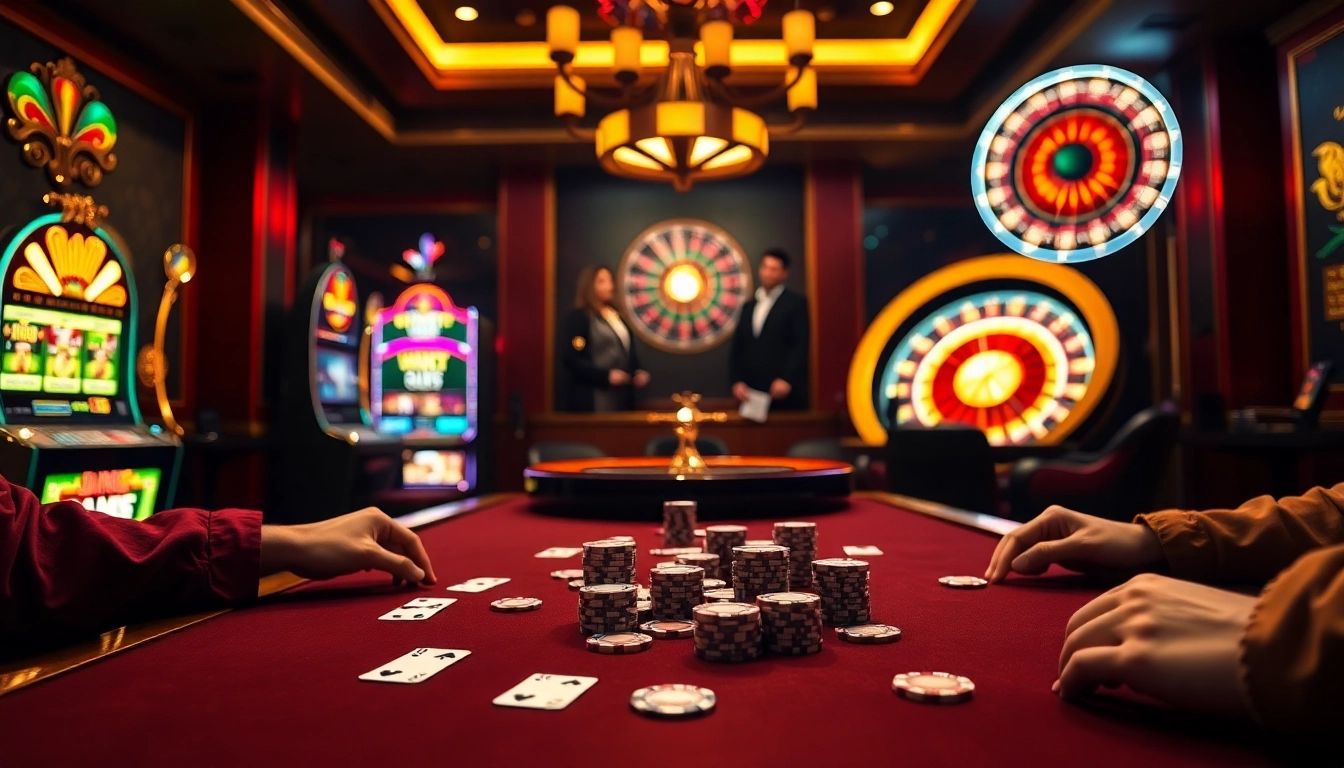 Exciting QQ88 casino scene with vibrant gaming tables, cards, and spinning roulette.