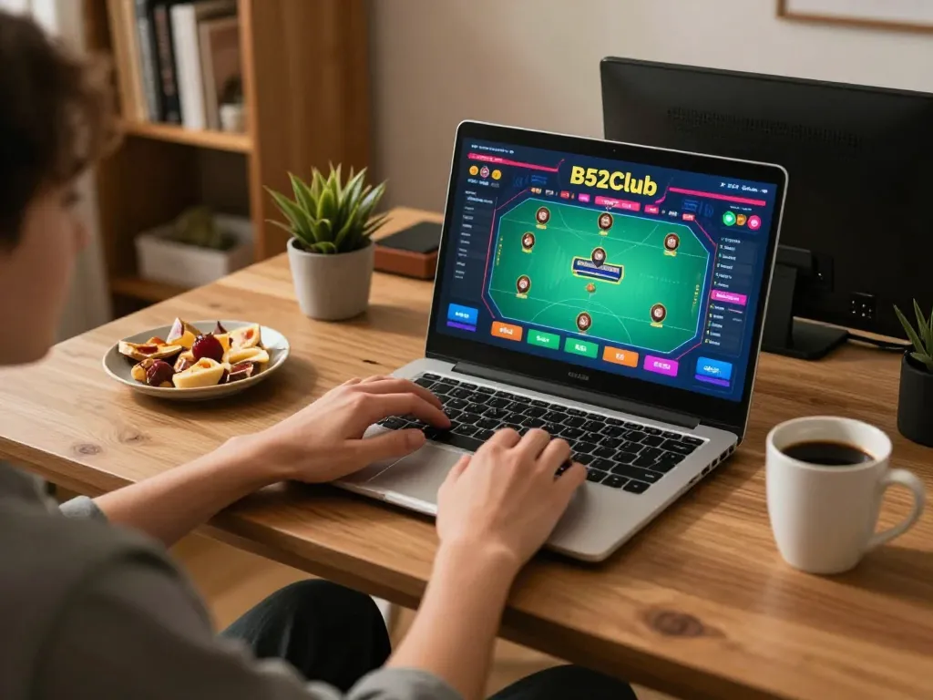 B52Club user engaging in online poker game at cozy home gaming setup