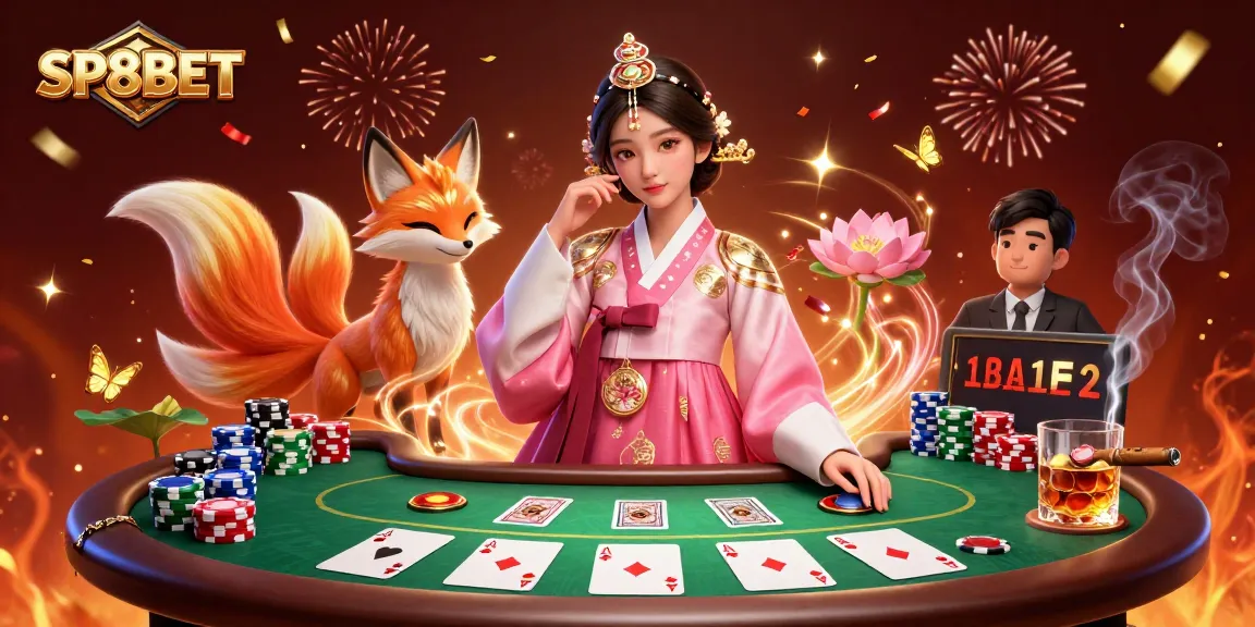 Experience thrilling poker action with SP8BET featuring an elegant Asian woman and a lucky fox in a vibrant casino.
