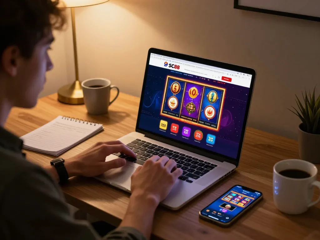 Player enjoying SC88 online gaming on laptop with colorful slots displayed, cozy home office atmosphere