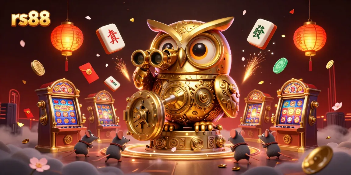Experience the thrill of rs88 in a vibrant 3D casino scene with a golden owl and lively characters.