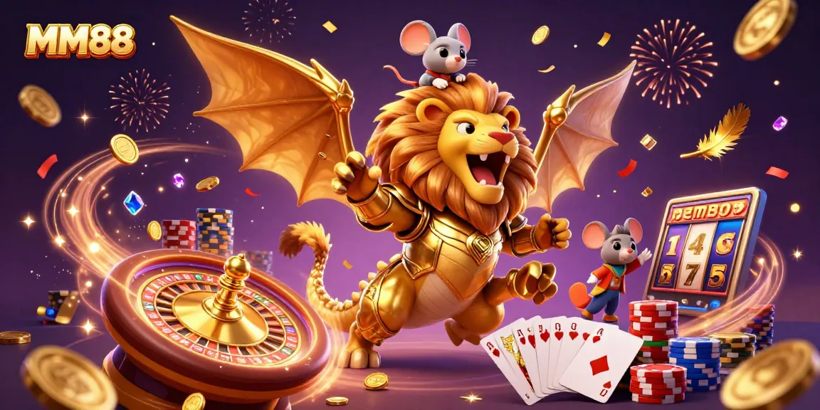 Experience thrilling wins at MM88 with a roaring chimera and dazzling casino elements in this vibrant illustration.
