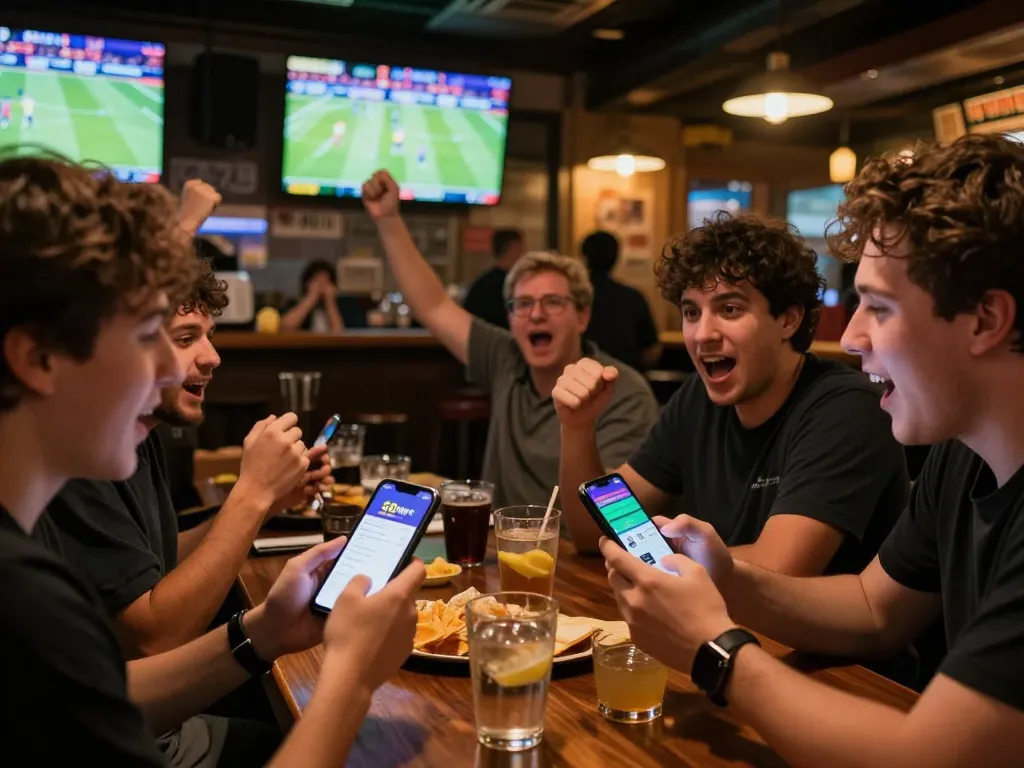 Betting action at a lively sports bar, showcasing the 58win app and dynamic atmosphere.