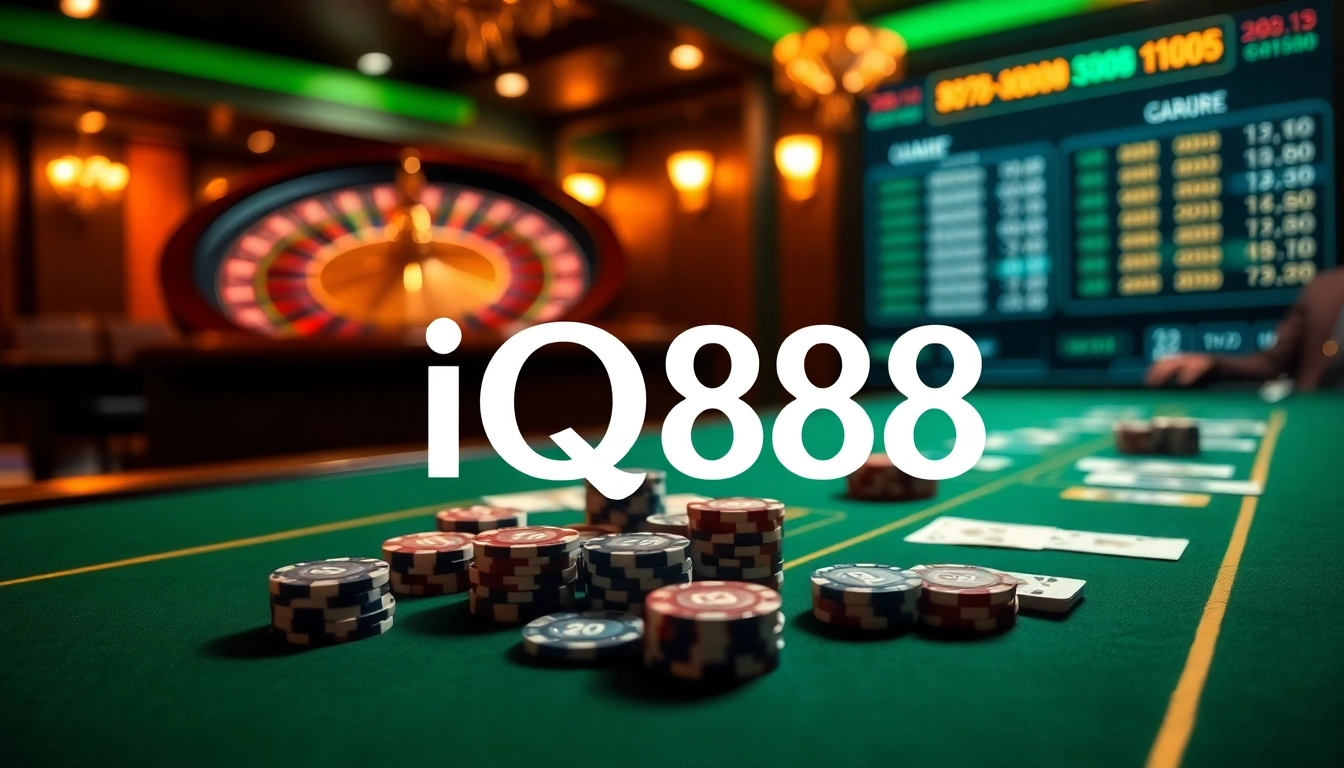 Experience thrilling gameplay at iq88 with a professional casino atmosphere, featuring poker tables and betting interfaces.
